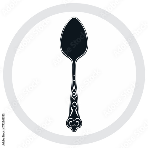 Decorative antique spoon illustration, dark gray ornament silverware, culinary flatware isolated