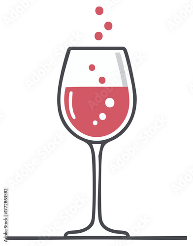 Elegant wine glass with sparkling red liquid and rising bubbles minimalist illustration