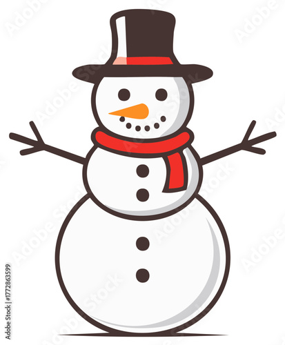 Stylized Snowman with Top Hat and Red Scarf Simple Holiday Character Winter Decoration