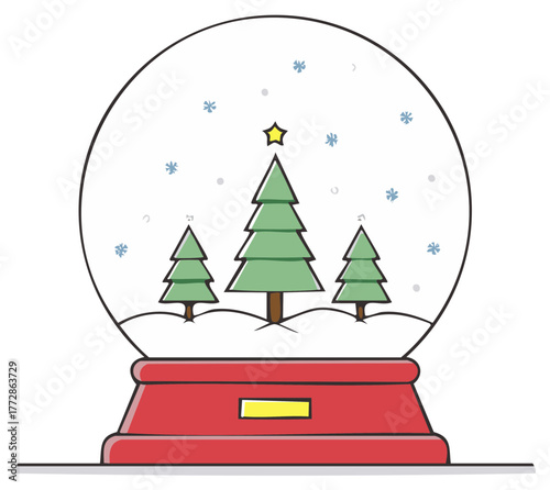 Christmas snow globe with three pine trees and snowflakes in a cute cartoon illustration style