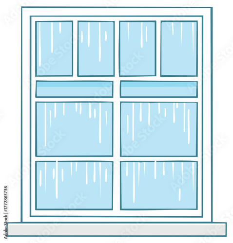 Closed window with nine glass panes and white trim; cartoon illustration of interior design