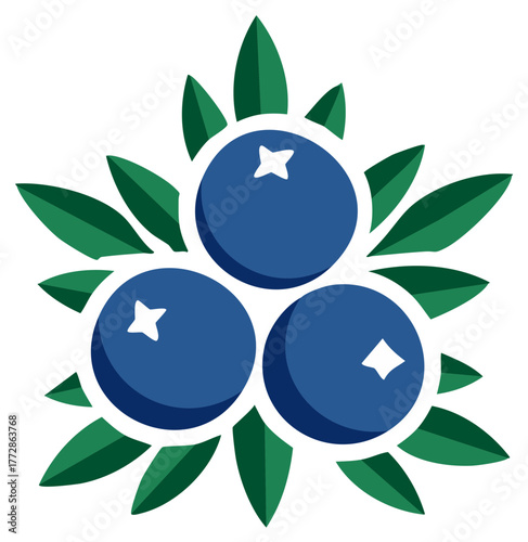 Simple flat vector illustration of a fresh blueberry bunch with leaves for a logo or icon design