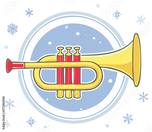 Cartoon trumpet vector illustration with snowflakes for winter holiday music celebration