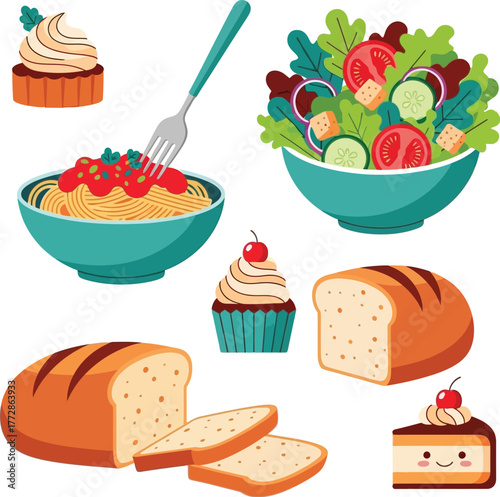 Delicious Food Collection: Pasta, Salad, Bread, Cupcakes, and Cake Slice