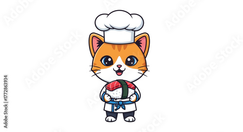 Adorable kawaii cat chef character illustration holding fresh salmon nigiri sushi. A charming culinary mascot for a Japanese food restaurant