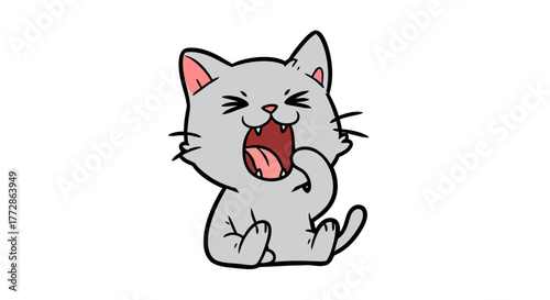 Cute gray cartoon cat sitting and yawning with a wide open mouth, looking sleepy and tired. A funny and adorable hand-drawn vector illustration isolated on a white background
