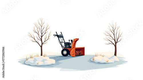 Red snowblower in driveway between leafless trees on snow patch with soft light concept of winter maintenance
