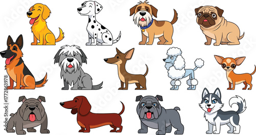 Cute vector collection of funny cartoon dog breeds in modern flat style, isolated on white background for pet-themed designs