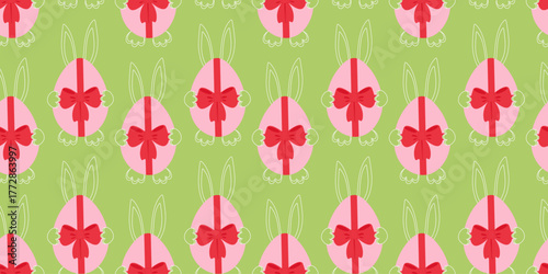 Outline Easter Bunny Hiding Easter Eggs with Tied Ribbon Bow Seamless Pattern Banner Format Holiday