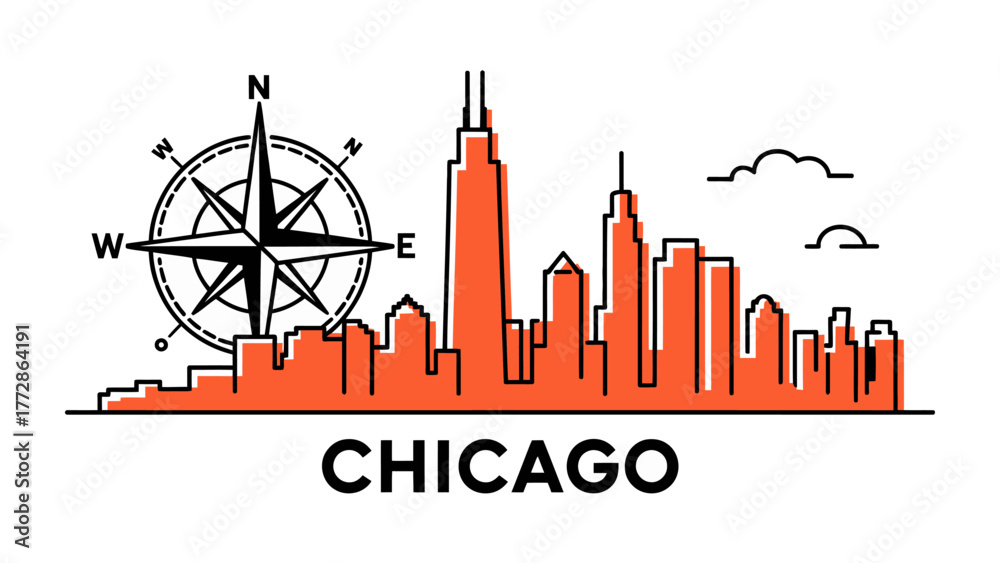 Fototapeta premium Chicago Skyline with Compass: An elegant illustration of the Chicago skyline, juxtaposed with a compass, symbolizing direction and discovery in the city.