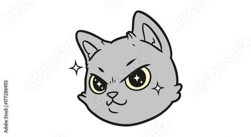 Adorable Cartoon Cat Head with a Mischievous Grin and Sparkles, Perfect for Playful Designs