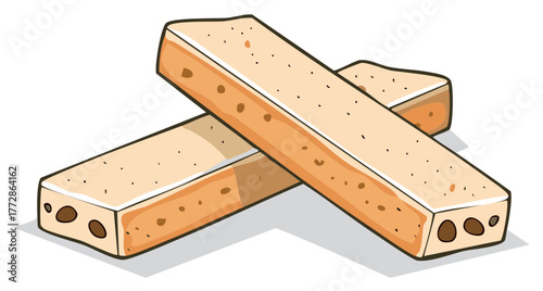 Two bars of sweet nougat candy with nuts crosswise on a white background