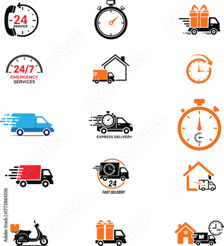 Fast Delivery and 24/7 Express Service Vector Icons Set – Shipping, Logistics, and Courier Symbols