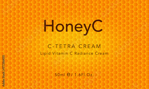 Orange Honeycomb Pattern Texture, Golden Hexagon Background. Beehive Hexagonal Pattern for Bio Natural Medical Beauty Product, Food Packaging, Cosmetic Logo Label. Vector Illustration.