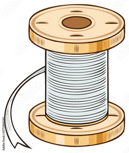 Illustration of a wooden thread spool with wound thread and a loose thread strand.