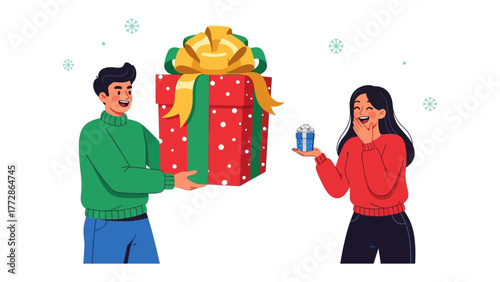 Gift Exchange: A moment of joyful generosity unfolds as a man and woman exchange gifts, embodying the spirit of sharing and the excitement of giving and receiving. 