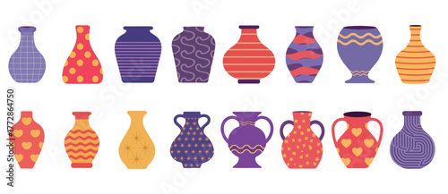 Collection of decorative ceramic vases with patterns Vector illustration
