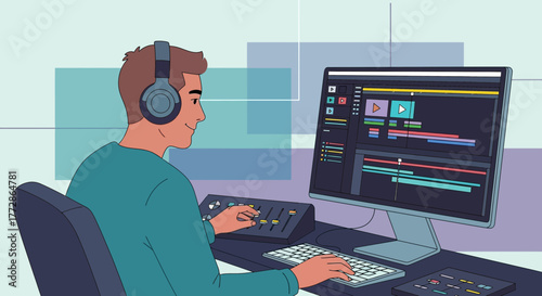 A Video Editor Focused While Working On A Digital Media Production Process
