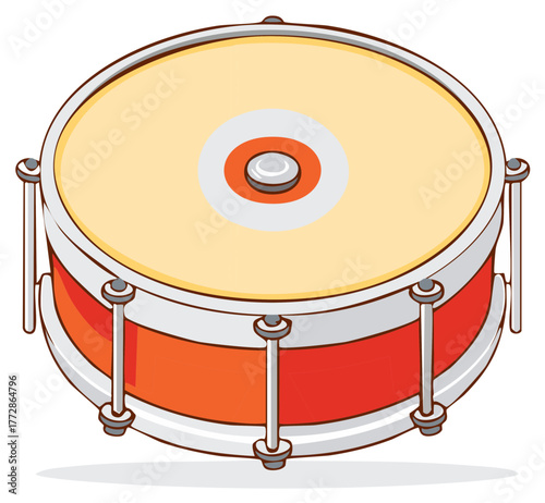 Red and orange snare drum musical instrument illustration with a light yellow drumhead and silver hardware