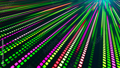 An illustration with many colored glowing lines and square segments going into the distance. The effect of movement from neon light. Suitable for themes related to technology, futurism and club