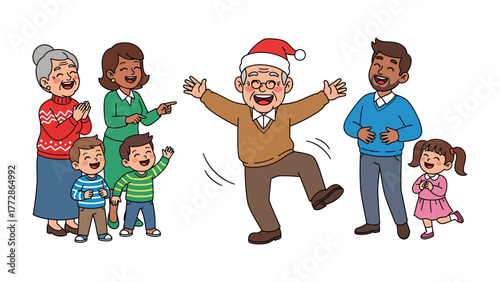Festive Gathering: A joyous family, spanning generations, comes together, celebrating the holiday spirit with cheerful embraces and animated expressions. This image radiates warmth and togetherness.