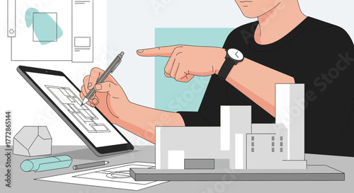 Architect Designs Buildings Using Digital Tablet And Physical Models For Presentation