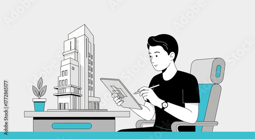 Architect Working on Digital Plan for Modern Design Urban Buildings and Landscape Creation