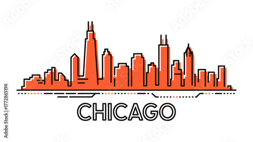 Chicago Skyline in Silhouette: The cityscape of Chicago, an icon, stands in a neat linear silhouette, creating a stunning visual representation of this renowned metropolitan hub. 