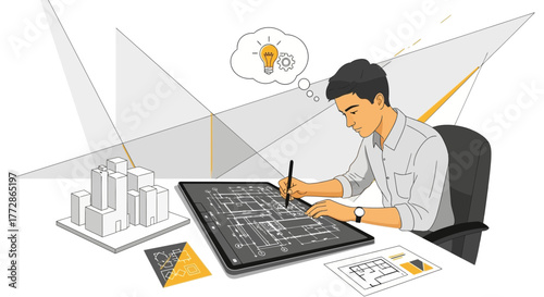 Architect Working On New Design Plans With Blueprint Of Building Development