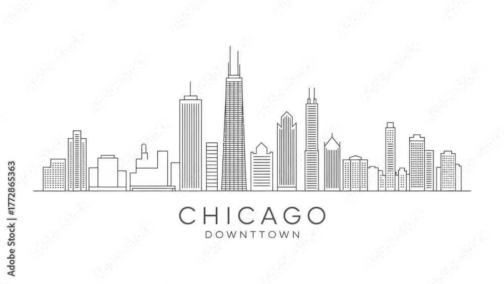Fototapeta premium Chicago Downtown Skyline: A sleek and modern graphic illustration, it encapsulates the iconic Chicago skyline.