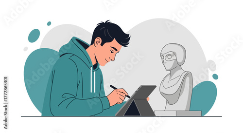 Artist Sketches A Digital Portrait Of A Statue In A Contemporary Creative Illustration