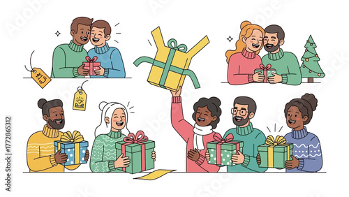 Gift-Giving Illustration: A heartwarming illustration of people exchanging wrapped gifts, capturing the joy and excitement of the gifting season.