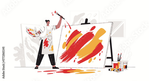 Artistic Creation Depicting A Painter Working On A Canvas Using Vibrant Colors And Strokes