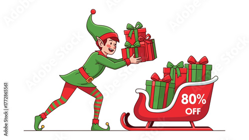 Holiday Cheer: An elf joyfully loads gifts onto a sleigh, signaling festive holiday discounts and seasonal promotions. A visual representation of holiday cheer and excitement.