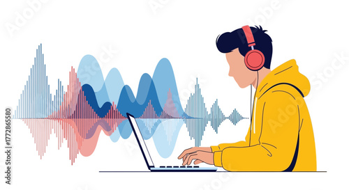 Audio Waveform Analyst Working With Headphones And Laptop Producing Sound Waves Professionally