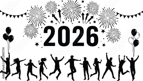 New, Year, 2026, Happy, Fireworks, Balloons, Celebration, Crowd, Silhouette, Banner, Streamer, Poster, Vector, Cad, Drawing, Design, Illustration, Festive, Decorative, Icon