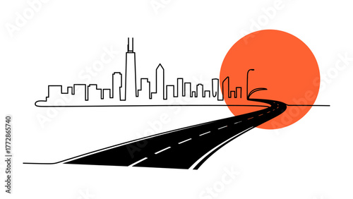 Road to the City Skyline: An illustrated depiction of a city skyline is approached by a road, all under a big rising sun, The image evokes a sense of travel, aspiration.