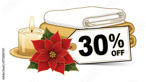Holiday Relaxation and Savings: A festive arrangement features a lit candle, soft towels, a vibrant poinsettia, and a tag offering 30% off, inviting relaxation and holiday cheer.