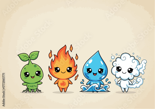 Cute cartoon of four elemental creatures (fire, water, air, earth) symbolizing nature, energy, and friendship in fantasy design