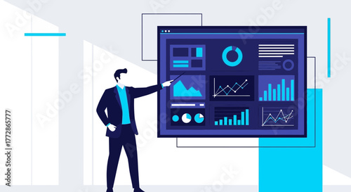 Business Analyst Presenting Data Analytics on a Monitor to Explain Statistical Information