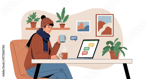 Cozy Home Office Serenity: A Man Enjoying a Hot Beverage While Texting and Working