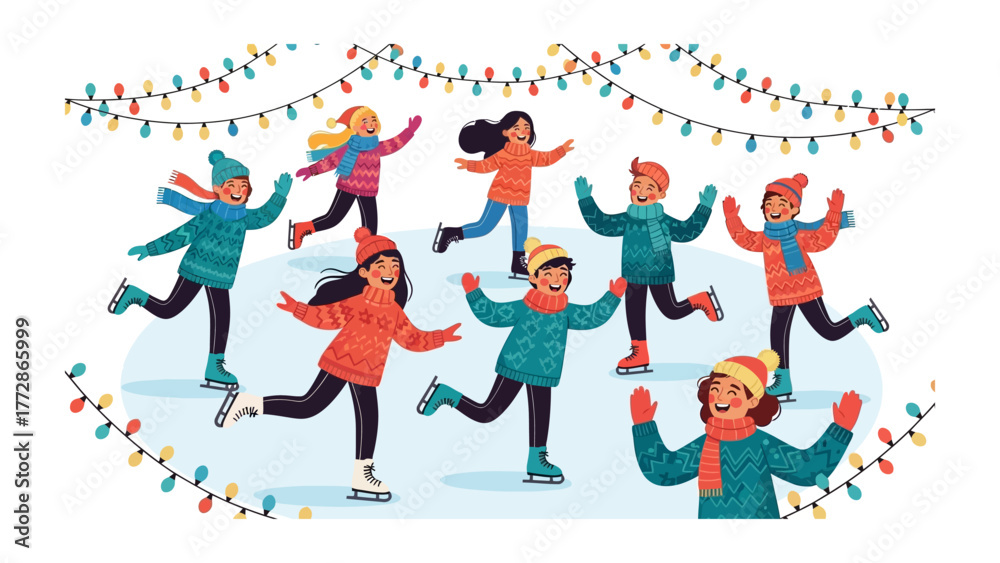 Fototapeta premium Skating Together: Children enjoy the magic of winter, gliding gracefully on the ice rink under the festive lights.
