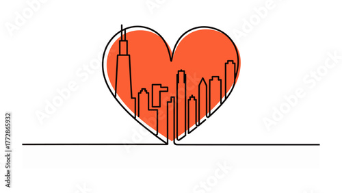 Love for Architecture: A minimalist depiction of a city's skyline, embraced within the comforting curve of a heart. Representing a city's identity and showing pride in architectural heritage