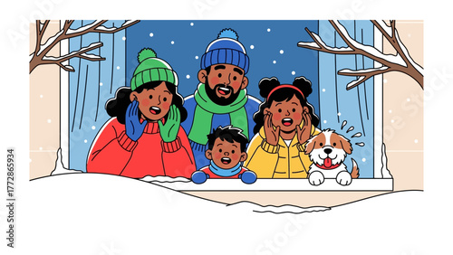 Family in Winter Scene: A family with a cheerful dog embraces the beauty of winter from behind their cozy window, a sense of warmth and togetherness emanating through the snow-filled scene.