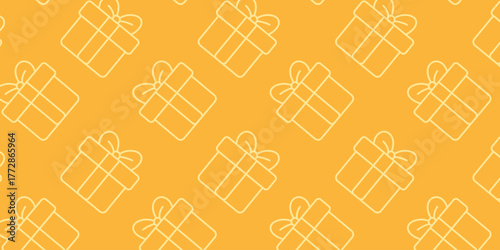 A seamless repeating pattern of simple white outline gift boxes with bows on a vibrant orange background for festive celebrations