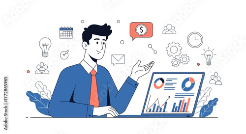 Business Leader Presenting Analytics on Digital Display with Financial Data and Diagrams
