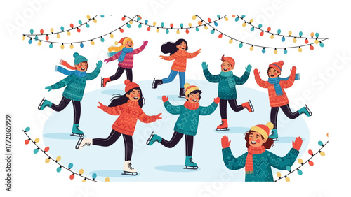Skating Together: Children enjoy the magic of winter, gliding gracefully on the ice rink under the festive lights.