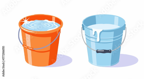 Isometric vector icon set showing a plastic pail of water and a metal bucket of paint for home improvement and cleaning tasks