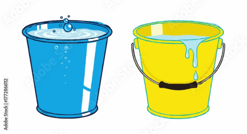 Vibrant cartoon illustration featuring a blue bucket full of splashing water and a yellow bucket with water dripping down its side, depicting liquid states