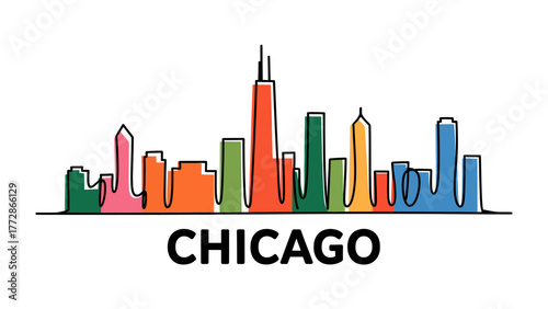 Chicago Skyline in vibrant color: A whimsical depiction of the iconic Chicago skyline, rendered in a lively array of colors, with the city's name boldly displayed below.